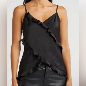 Melrose & Market Satin Black Ruffled Top, Size Large, NWT!